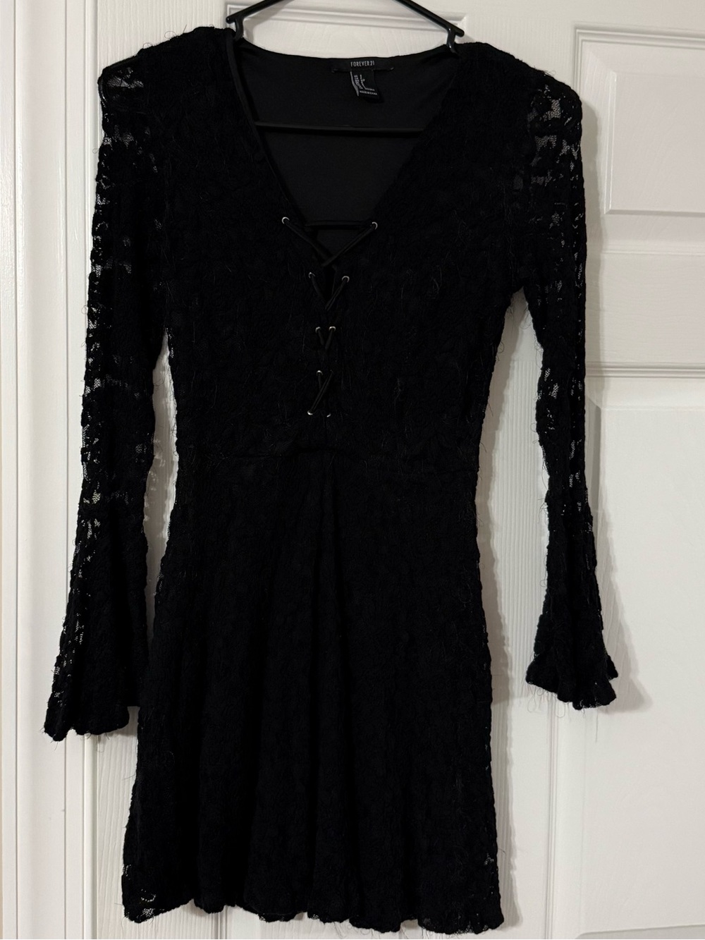 Lace-Up Front Black Lace Fit & Flare Dress